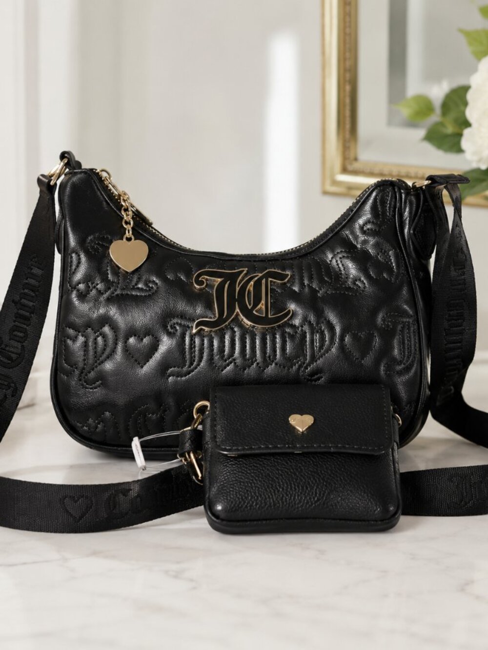Juicy Couture League Embossed Hobo Crossbody Bag Black NWT w Pouch & Charm NWT